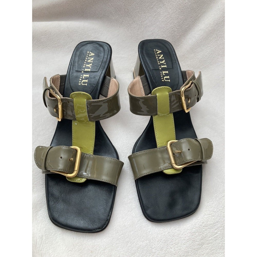 Anyi Lu Olive Green and Lime Patent Leather Buckle Slide Mules
